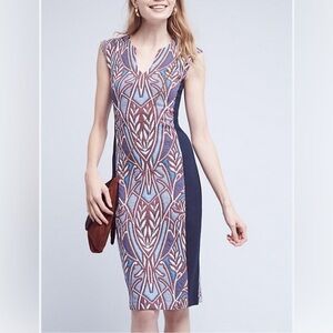 Anthropologie HD in Paris Blue and Brown Patterned Midi Dress